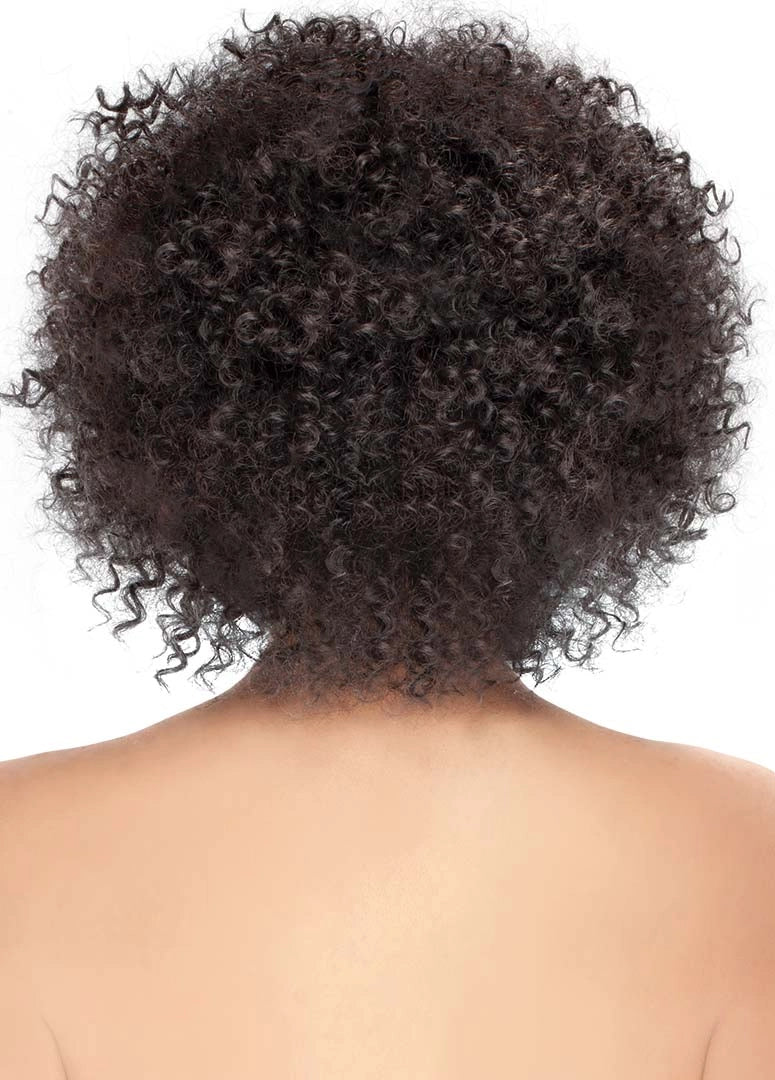 Back view of short, dark brown Jerry Curl hair with voluminous, tight curls on a person's head, showcasing Purple Pack Jer...