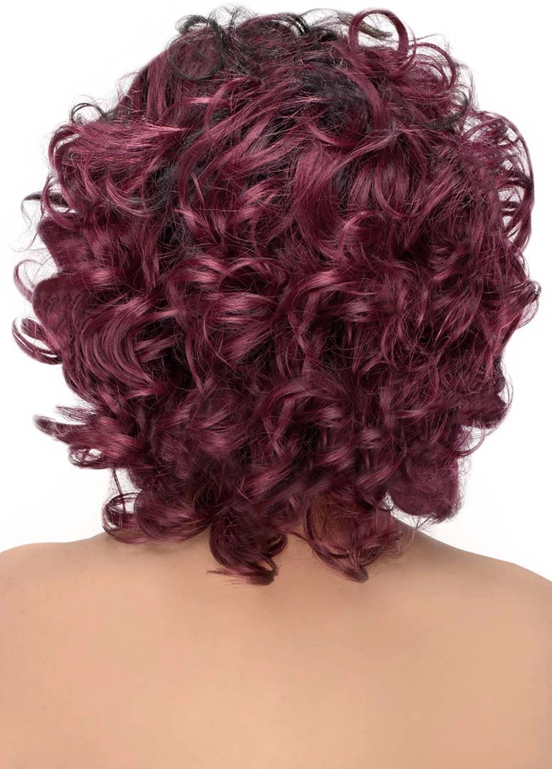 Back of person wearing a short, voluminous Purple Pack Jade Swirl wig with tight burgundy curls and dark roots.