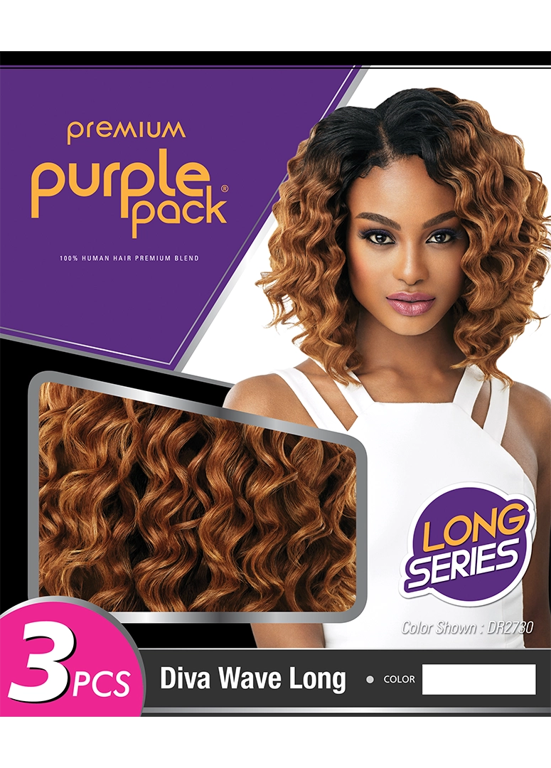 Packaging for Purple Pack Diva Wave Long features a model with short, wavy, ombre brown-blonde hair, plus a texture swatch.