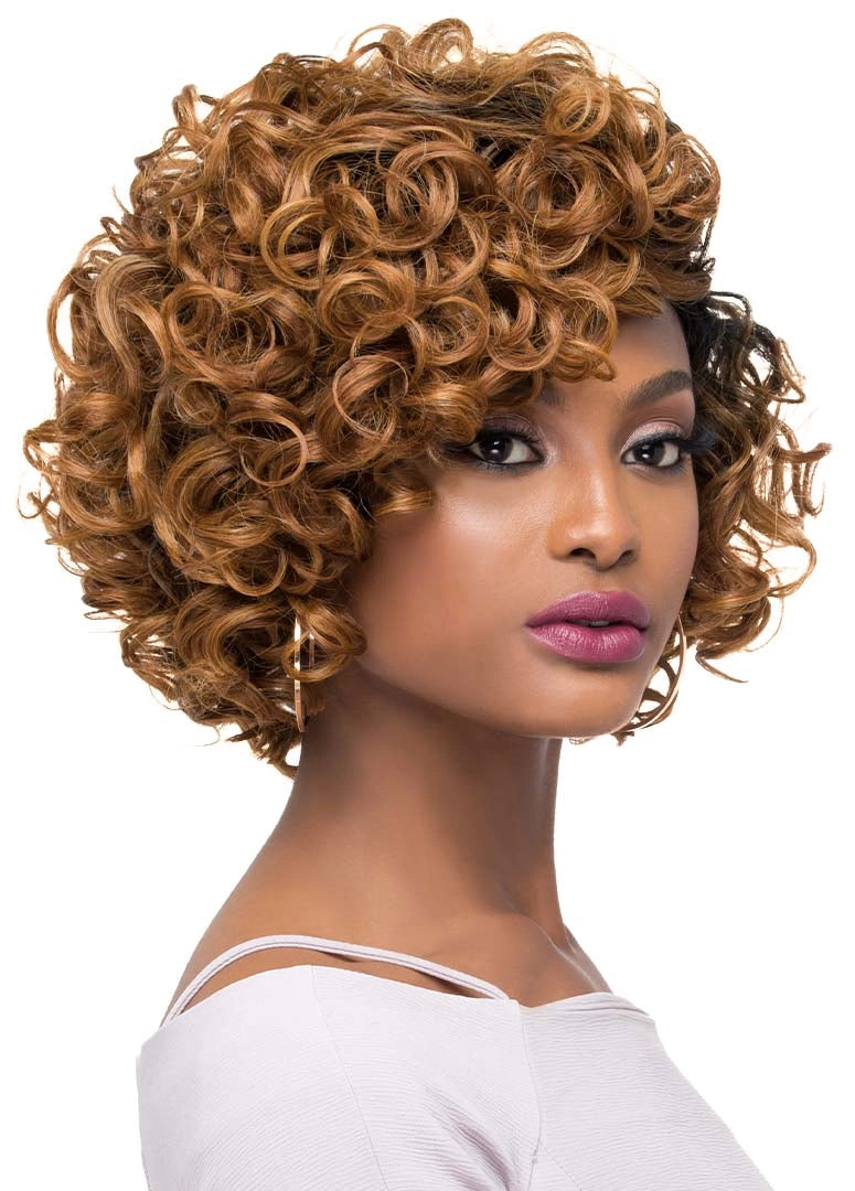 Woman models the Purple Pack Large Roller Set with short, voluminous golden-brown curly hair and side-swept bangs.