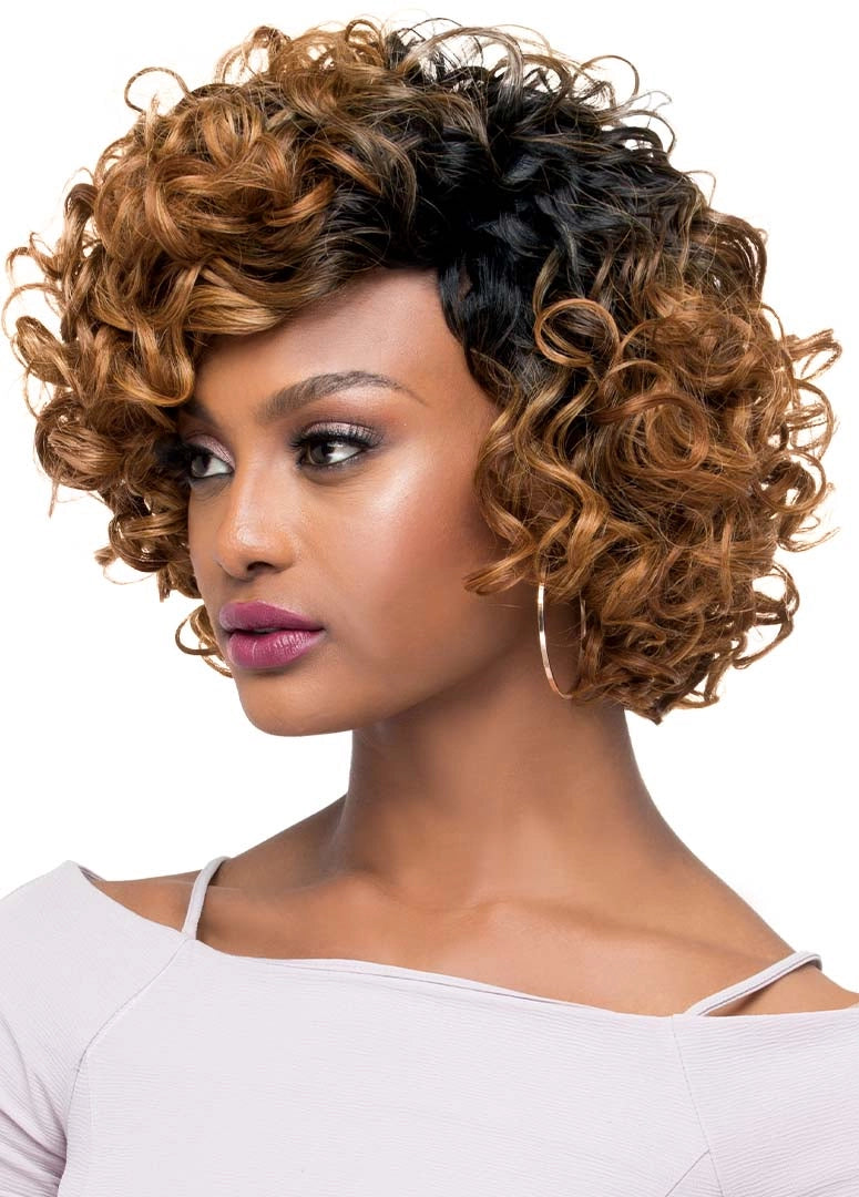 Woman models Purple Pack Large Roller Set: a short, curly, golden-brown ombre wig with dark roots.
