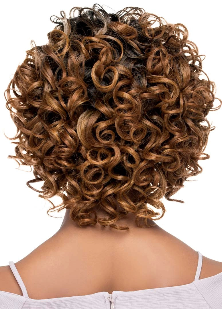 Back view of a person wearing a voluminous, short, multi-toned brown curly bob from the Purple Pack Large Roller Set.
