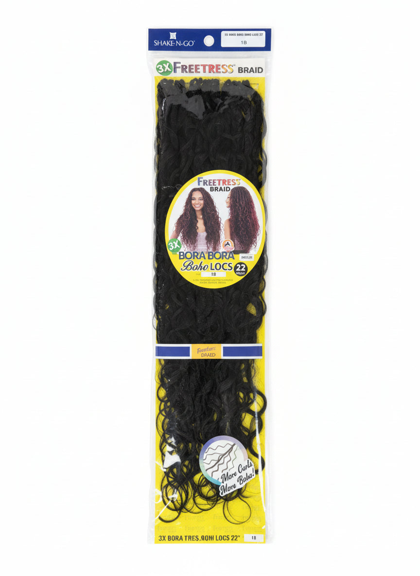 Freetress 3X Bora Bora Boho Locs 22" Pre-Looped Crochet hair packaging shows long, black, curly locs.