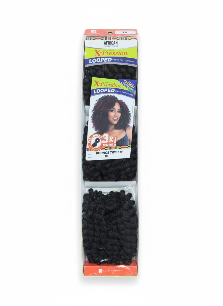 Packaging for X-pression Bounce Twist 8" Snap Loop Crochet Hair. Features a smiling model and visible black twisted hair b...