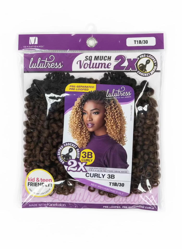 Packaging for Lulutress 2X Curly 3B crochet hair. Features a model with T1B/30 ombre curls and visible pre-looped bundles.