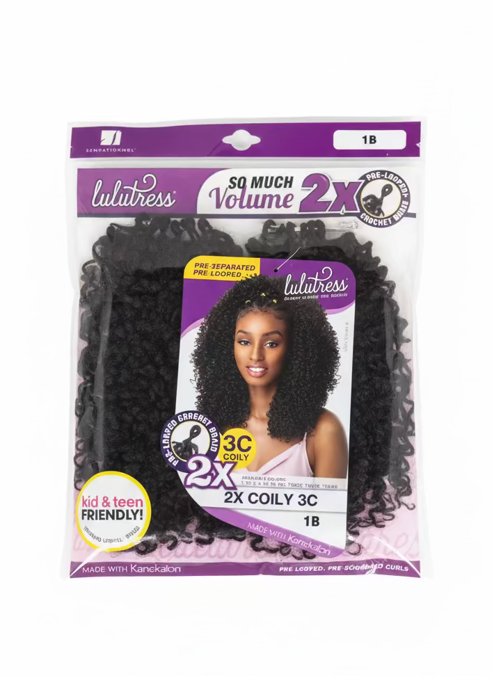 Lulutress 2X Coily 3C Pre-Looped Crochet Hair packaging. Shows black, coily hair and a model with similar styling.