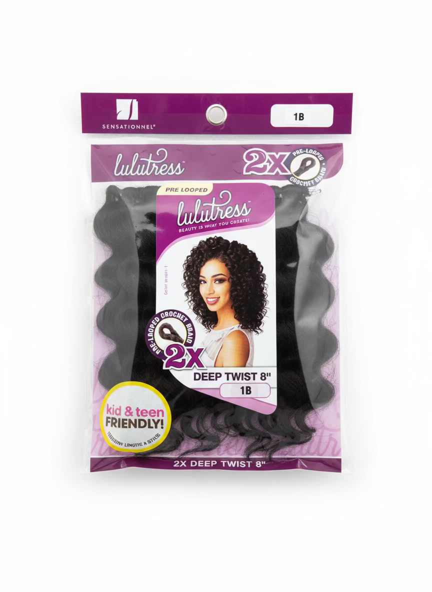 Lulutress 2X Deep Twist 8" Pre-Looped Crochet Hair product packaging, color 1B. Shows deep wavy hair and a model.
