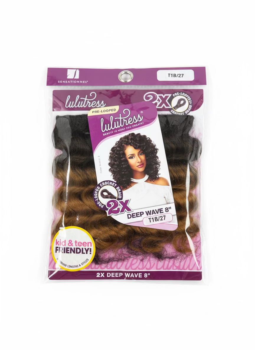 Product packaging for Lulutress 2X Deep Wave 8" pre-looped crochet hair. Ombre T1B/27 deep wave texture is visible.