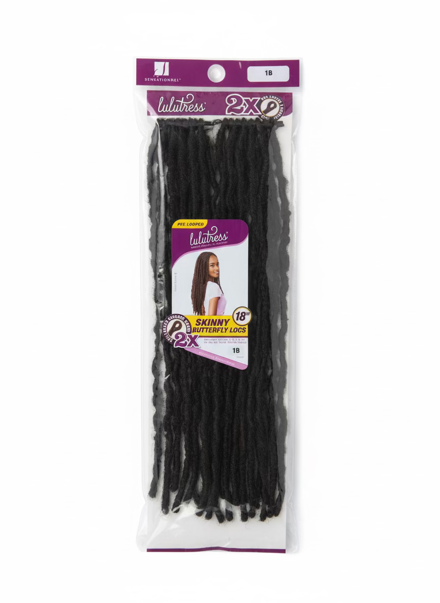 Lulutress 2X Skinny Butterfly Locs 18" pre-looped crochet hair in packaging. Shows black textured locs.