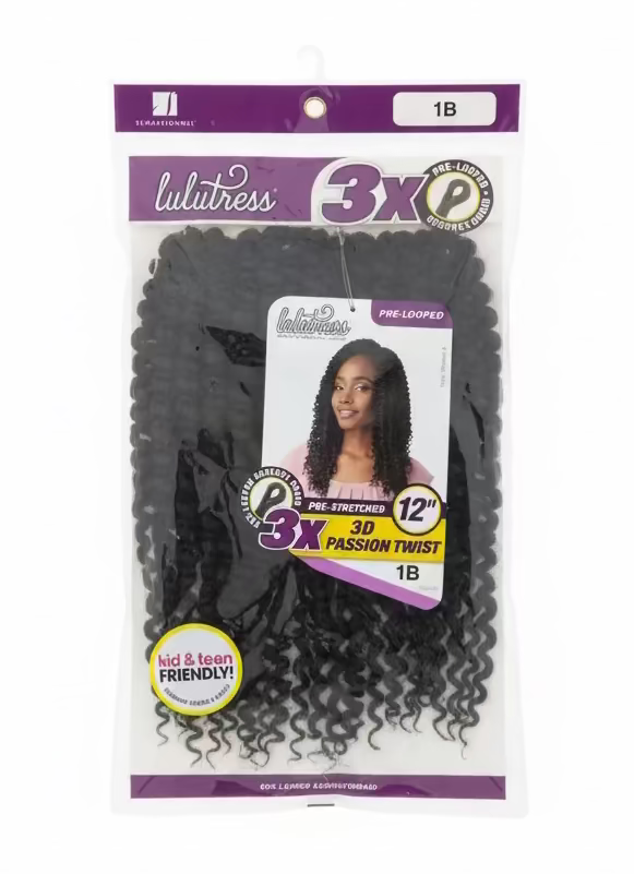 Lulutress 3X 3D Passion Twist 12" packaging showing dark 1B curly hair and a model with the style.