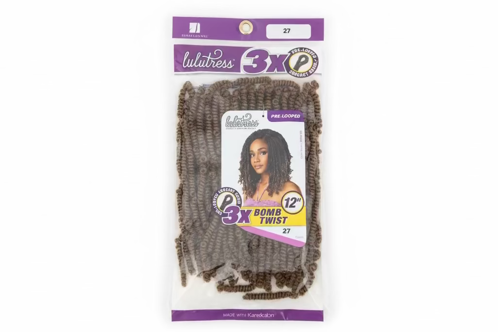 Lulutress 3X Bomb Twist 12" pre-looped crochet hair packaging. Features bundles of light brown, springy, twisted hair.