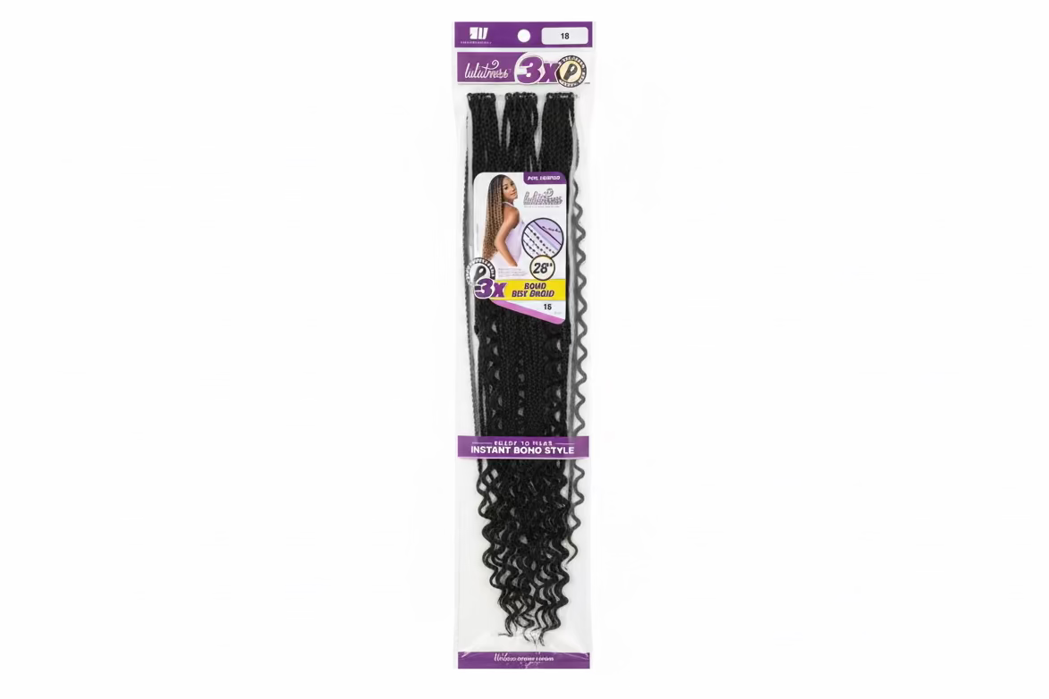 Lulutress Boho Box Braid 28" pre-looped crochet hair packaging showing black braided and wavy texture.
