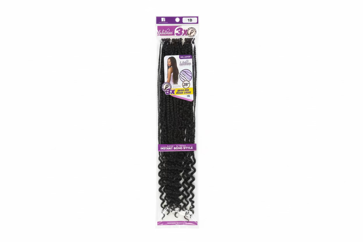 Lulutress 3X Boho Box Braid 28-inch black pre-looped hair packaging. It shows braids, curly ends, and a model.
