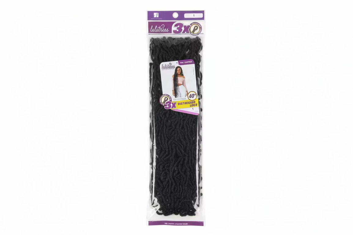 Lulutress 3X Distressed Locs 40" Pre-Looped Crochet product packaging showing black locs and a model.