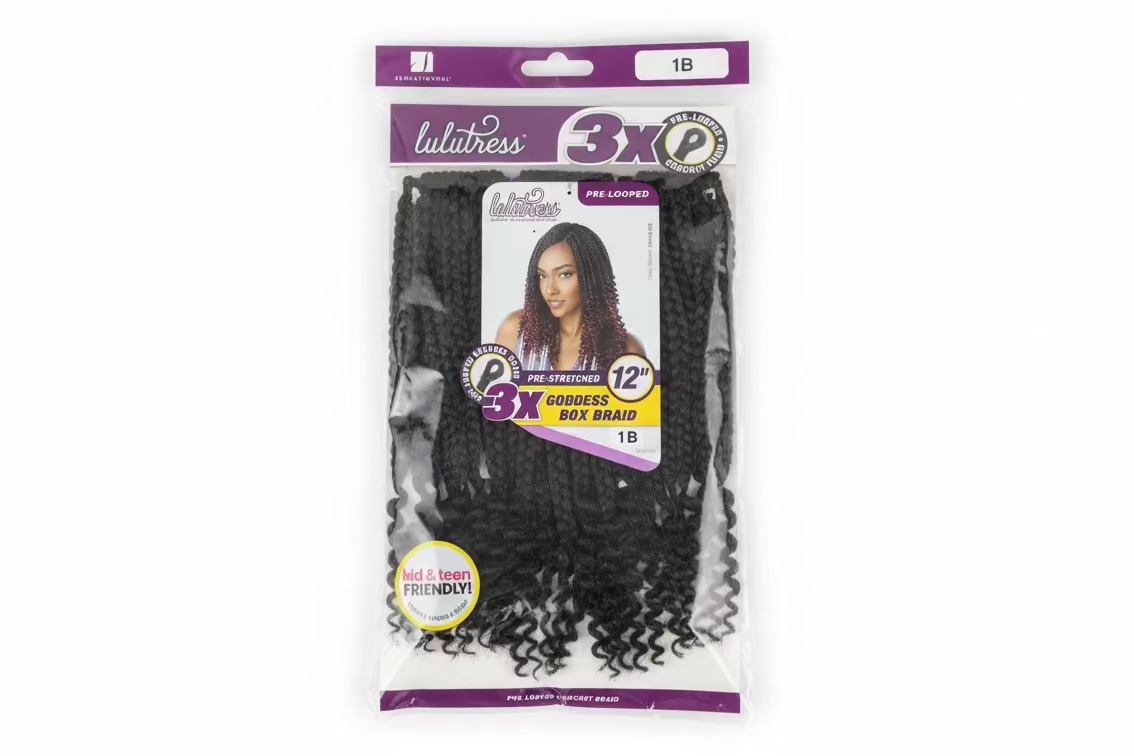 Lulutress 3X Goddess Box Braid 12" Pre-Looped Crochet packaging with black braids visible. Model shows braided style with ...