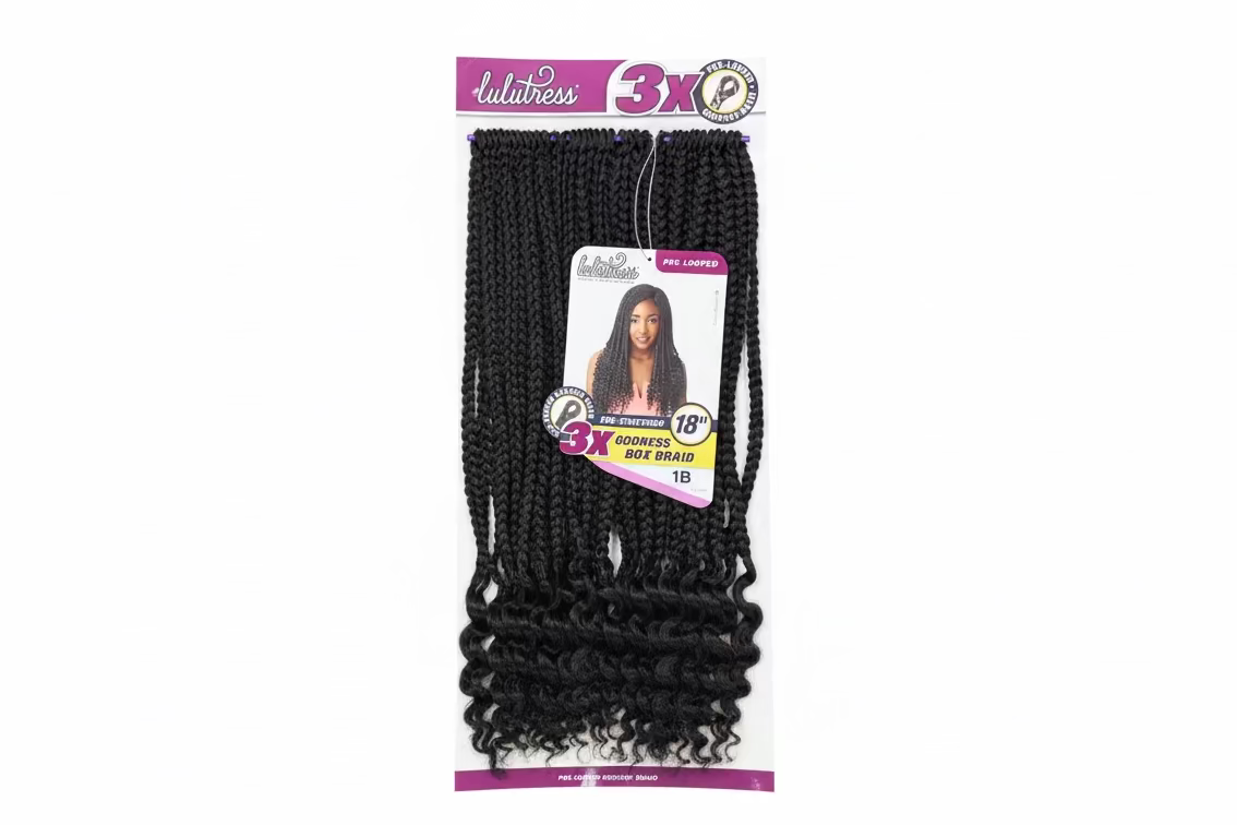 Lulutress 3X Goddess Box Braid 18" pre-looped crochet hair packaging. Black braids with curly ends.