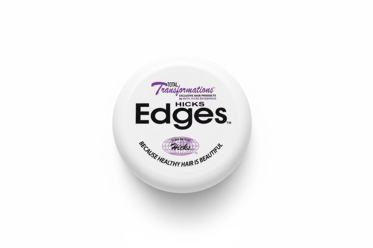 Top-down view of the white Hicks Total Transformations Edges Styling Pomade jar with purple and black branding.