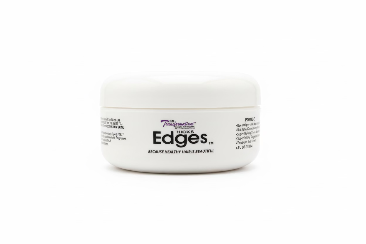 White 4 oz jar of Hicks Total Transformations Edges Styling Pomade with a label featuring purple and black text.