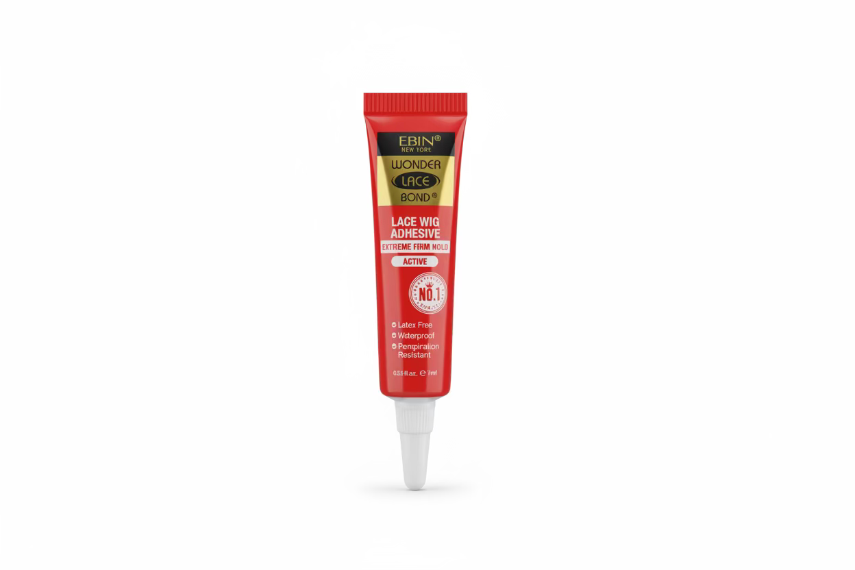 Packaging: a red squeeze tube of Ebin Wonder Lace Bond Lace Wig Adhesive (0.23oz), featuring a white nozzle.