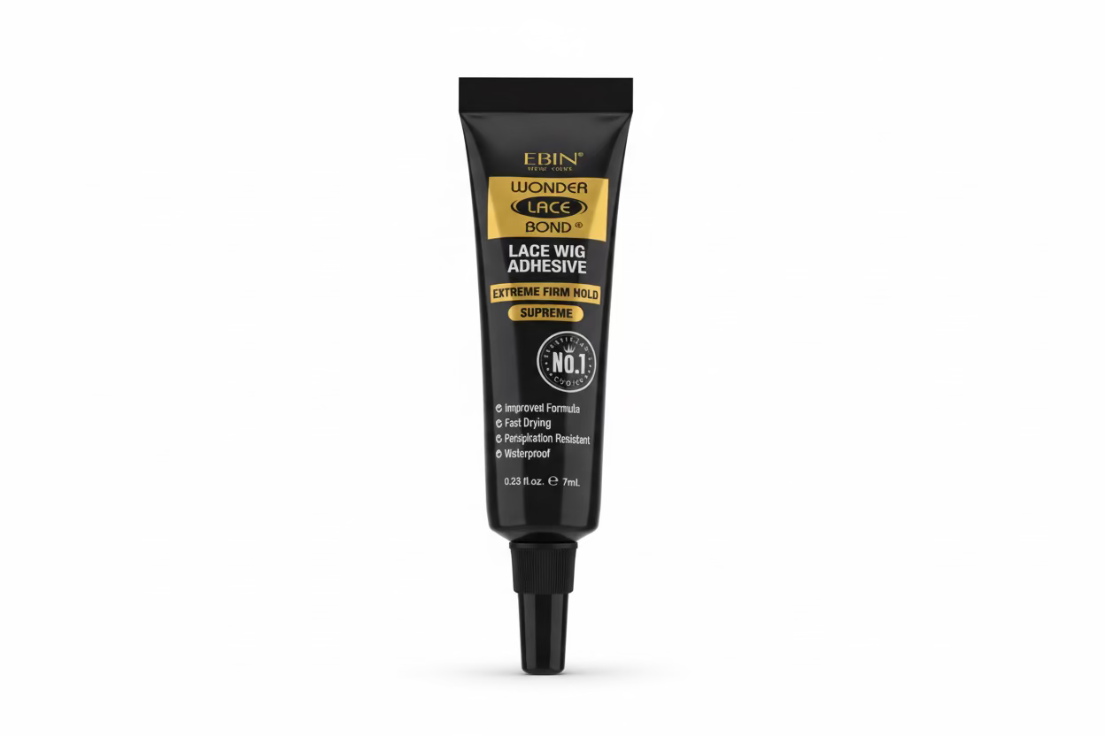 Packaging for Ebin Wonder Lace Bond Lace Wig Adhesive Supreme. A black tube with gold and white text details.