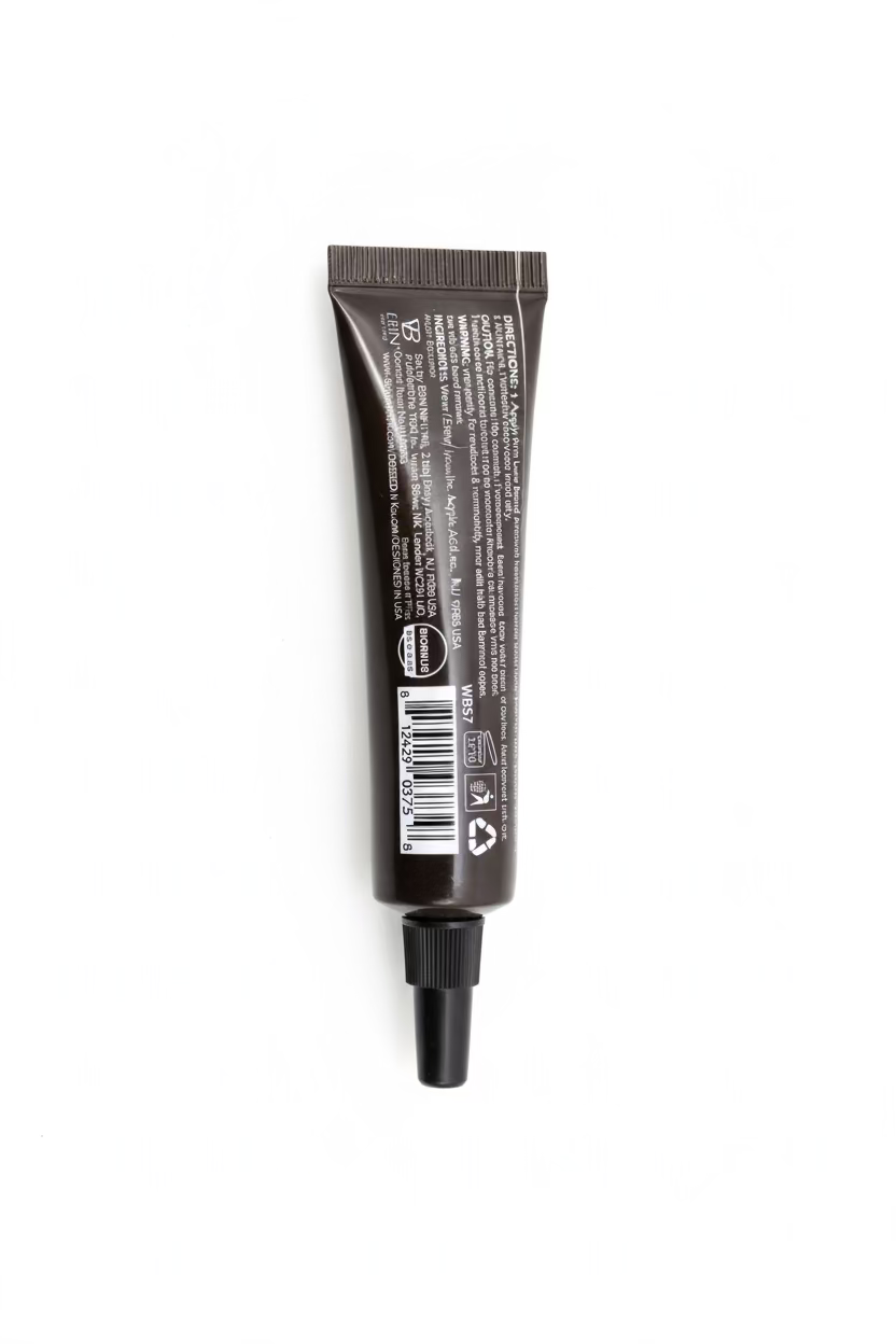 Ebin Wonder Lace Bond Lace Wig Adhesive Supreme tube, dark brown with black nozzle. Shows product info & barcode.