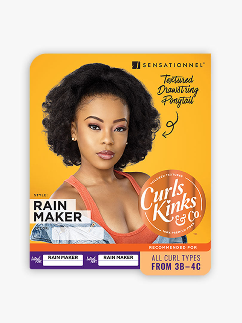 Packaging for Curls Kinks & Co Rain Maker Textured Drawstring Ponytail. Shows a woman with a full, dark, afro-textured pon...