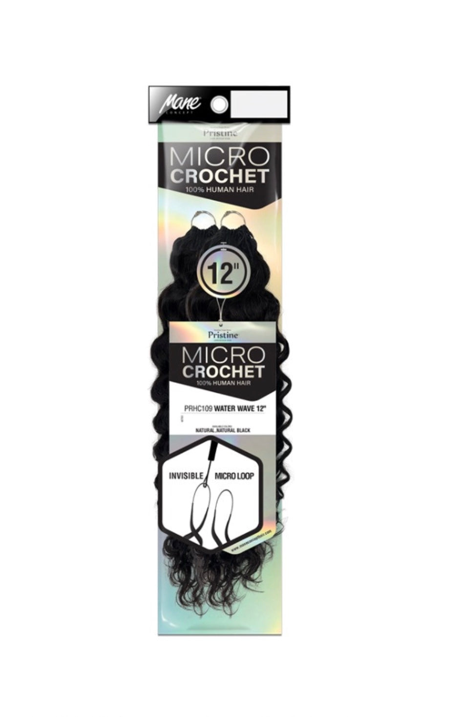 Pristine Micro Crochet 100% Human Hair - Water Wave 12" packaging with visible natural black water wave hair.