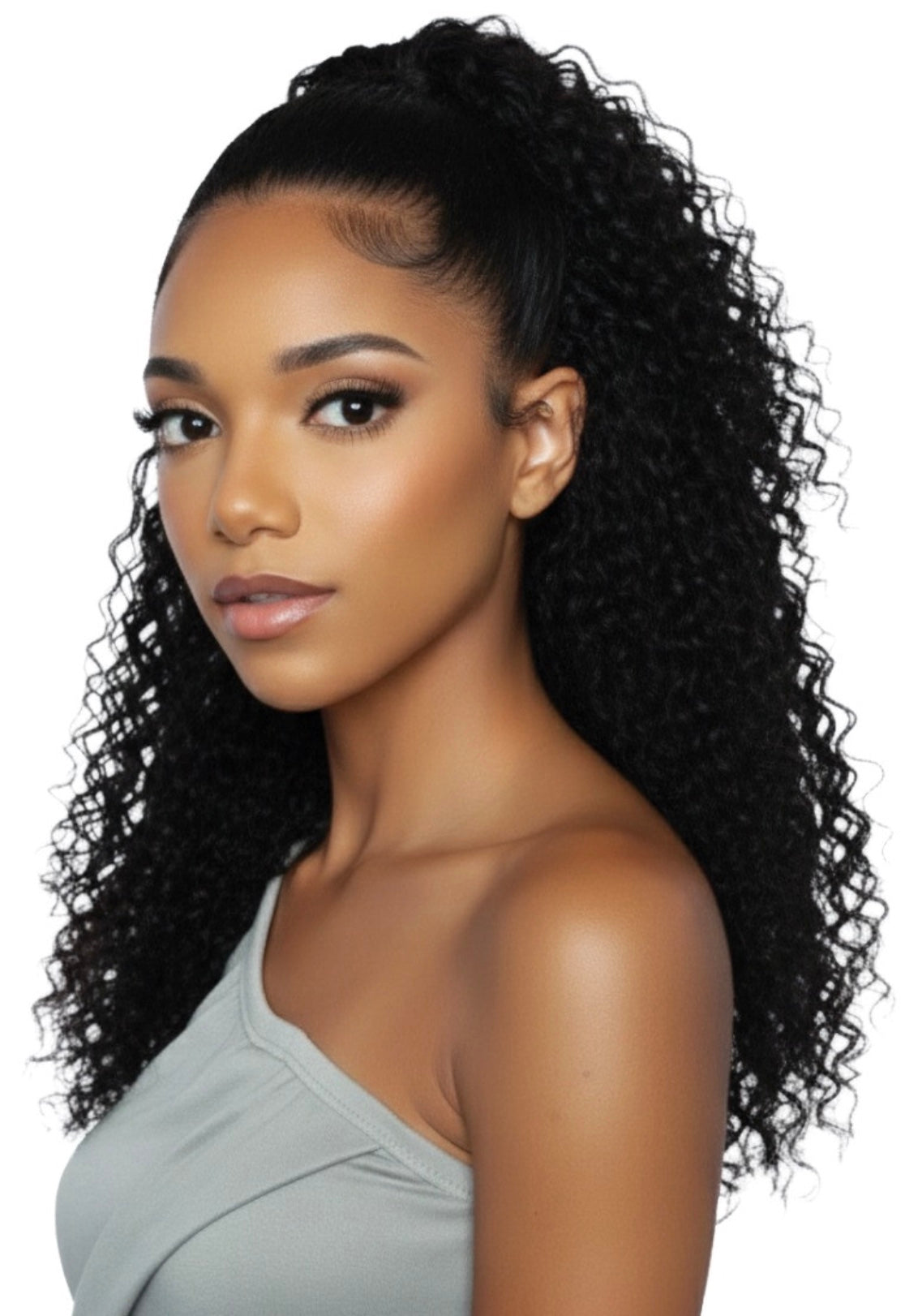 Woman models Pristine Micro Crochet 18" Water Wave human hair, styled in a sleek black high ponytail with voluminous curls.