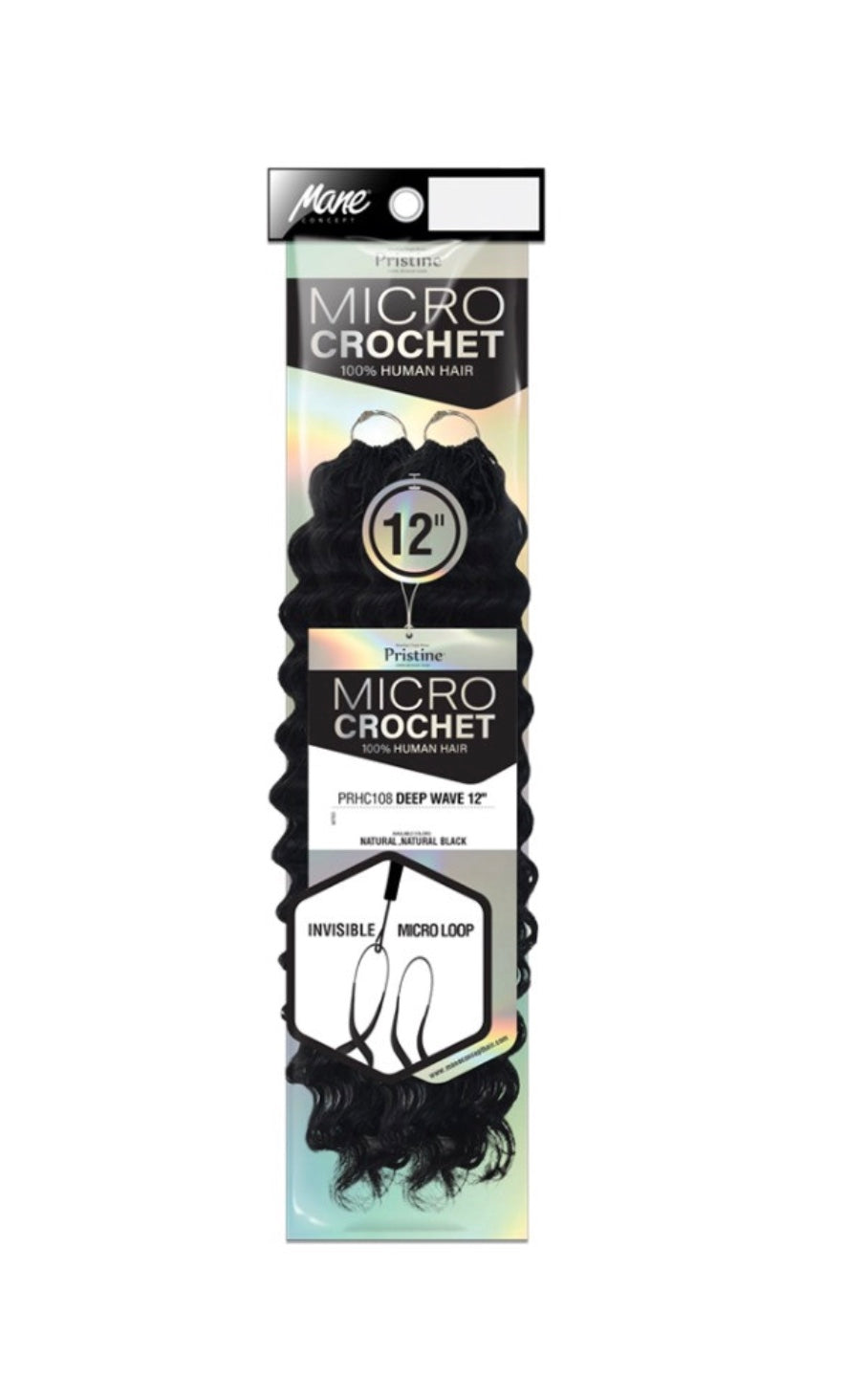 Packaging for Pristine Micro Crochet 100% Human Hair. Features 12-inch deep wave hair in natural black with micro loops.