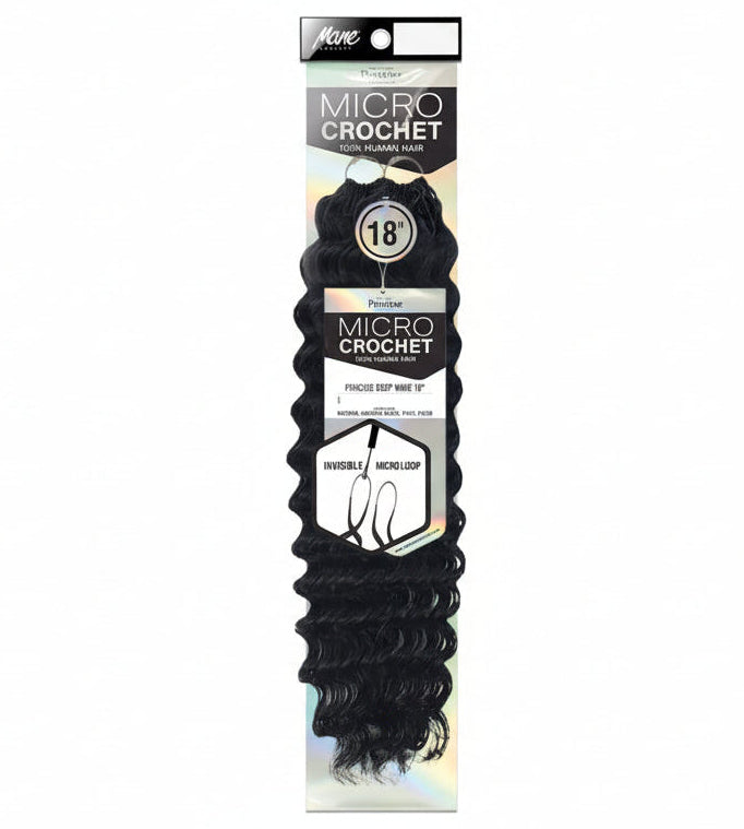 Product packaging for Pristine Micro Crochet 100% Human Hair. Shows black 18-inch deep wave hair.