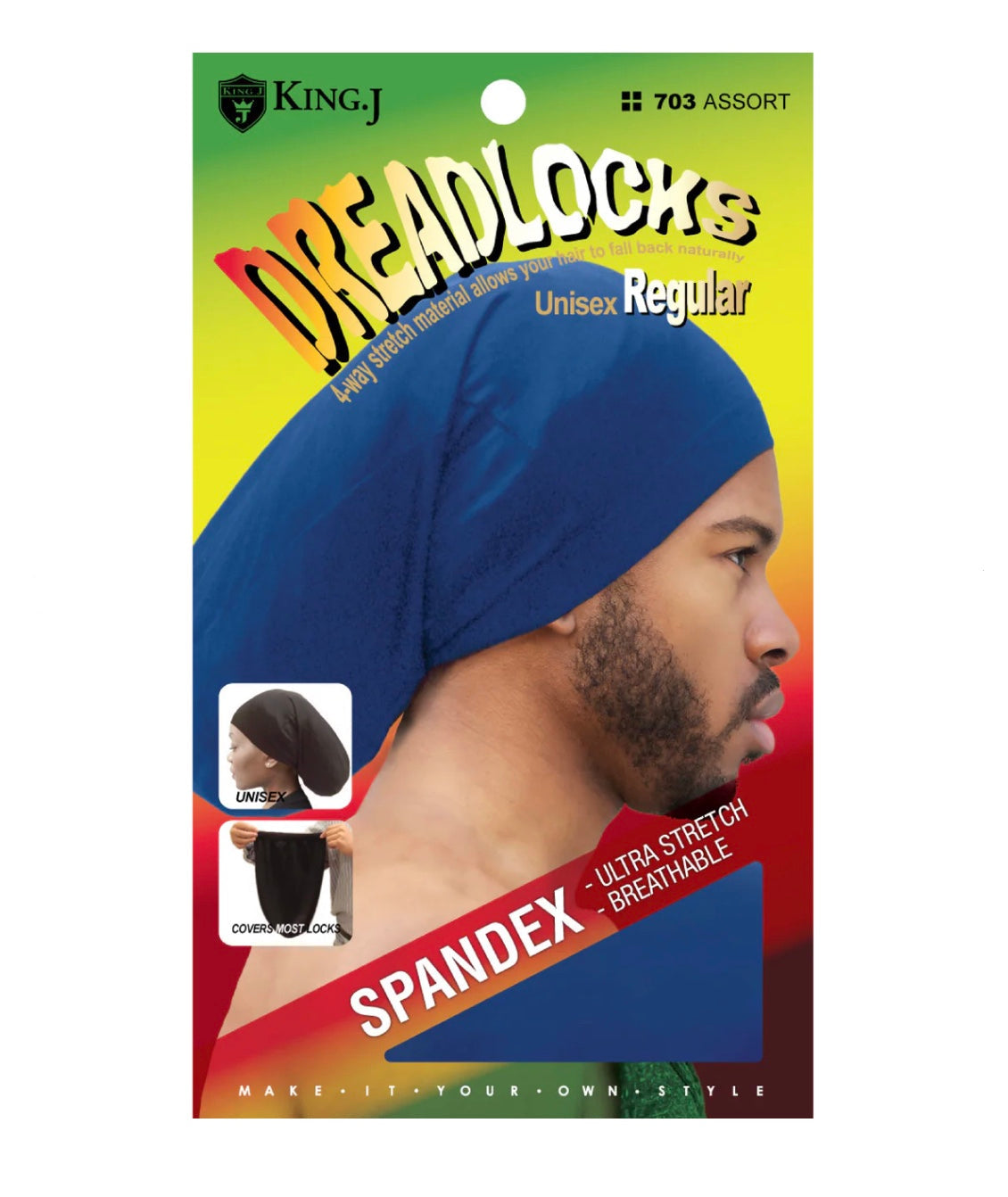Product packaging for King J Spandex Cap For Dreadlocks - Regular (Assorted). A man wears a blue dreadlock cap in profile,...