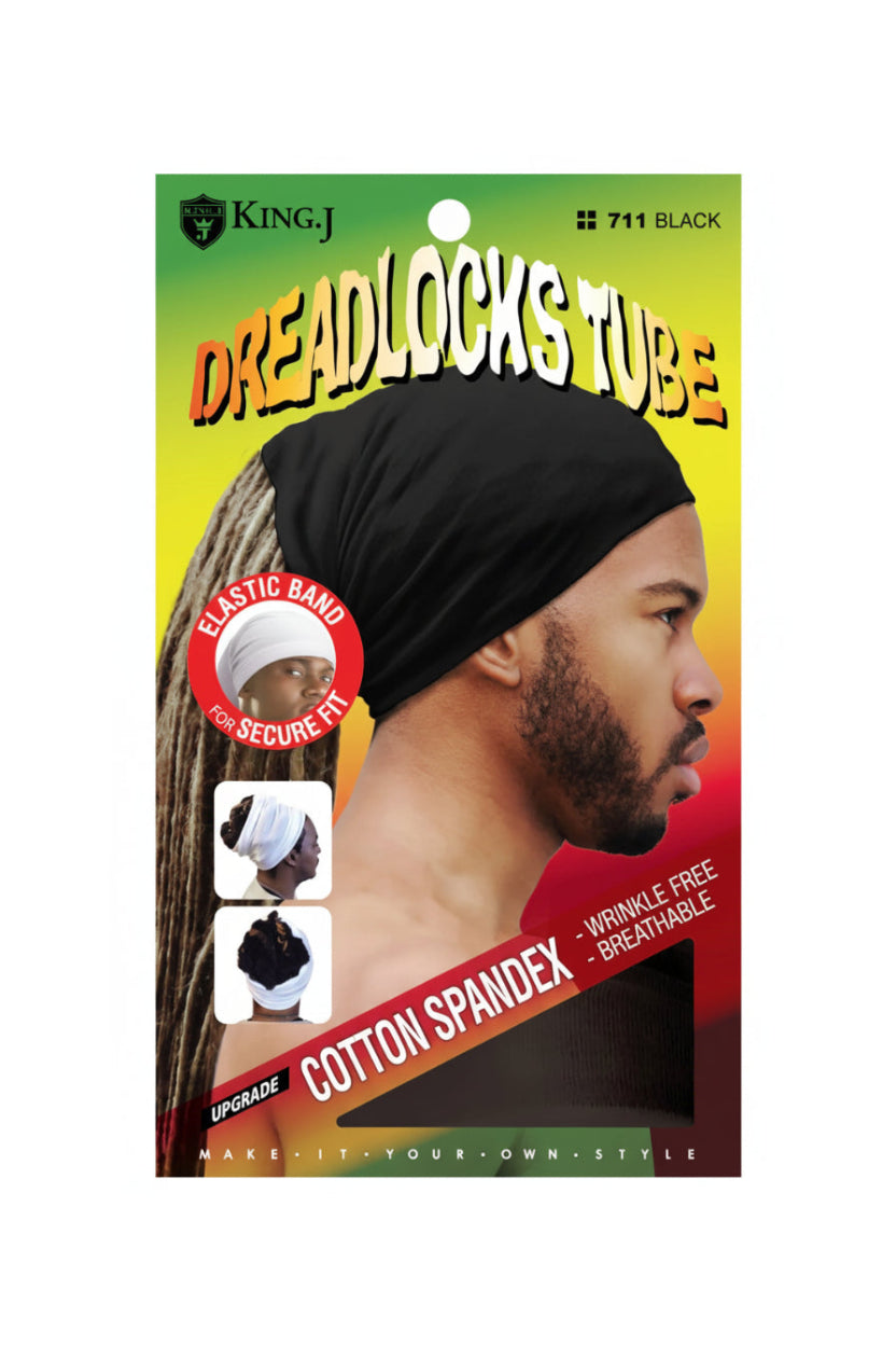 Product packaging for Spandex Tube For Dreadlocks - Black. Features a man wearing the black tube over his blonde dreadlocks.