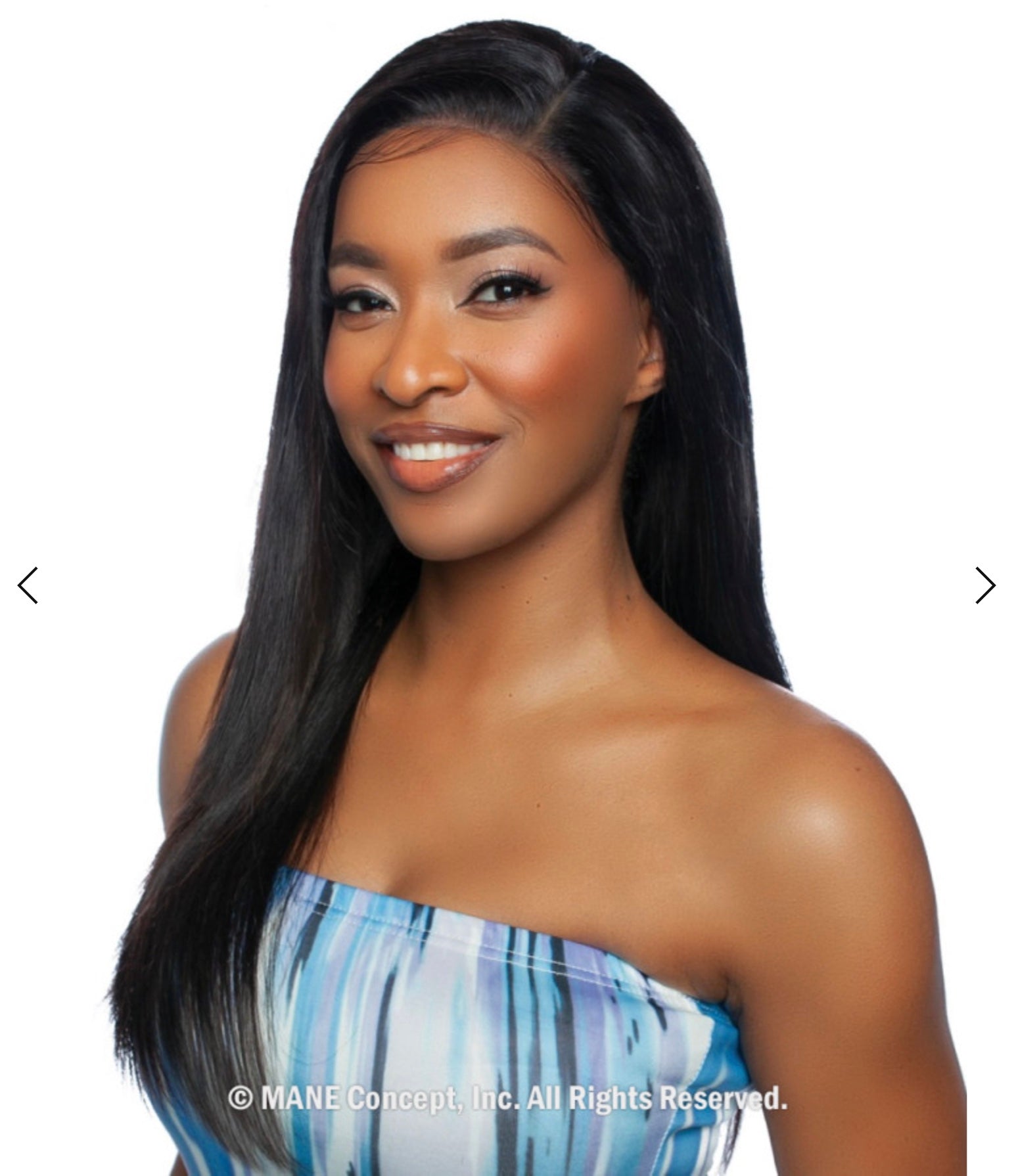 Smiling woman models Trill Lace Front Wig with long, 24-inch straight black hair and a side part.