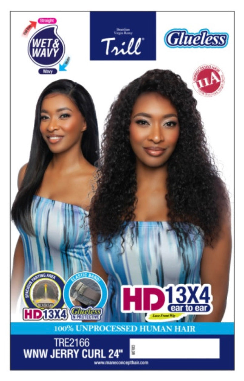 Trill Lace Front Wig packaging shows two models: one with long straight black hair, another with 24" wavy jerry curl black...