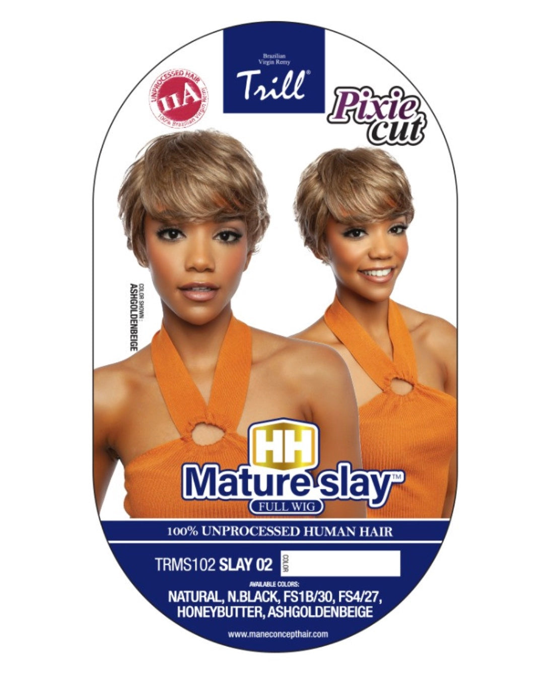 Trill Full Wig Slay 02 packaging. Model has a short, layered ash golden beige pixie cut wig with bangs.