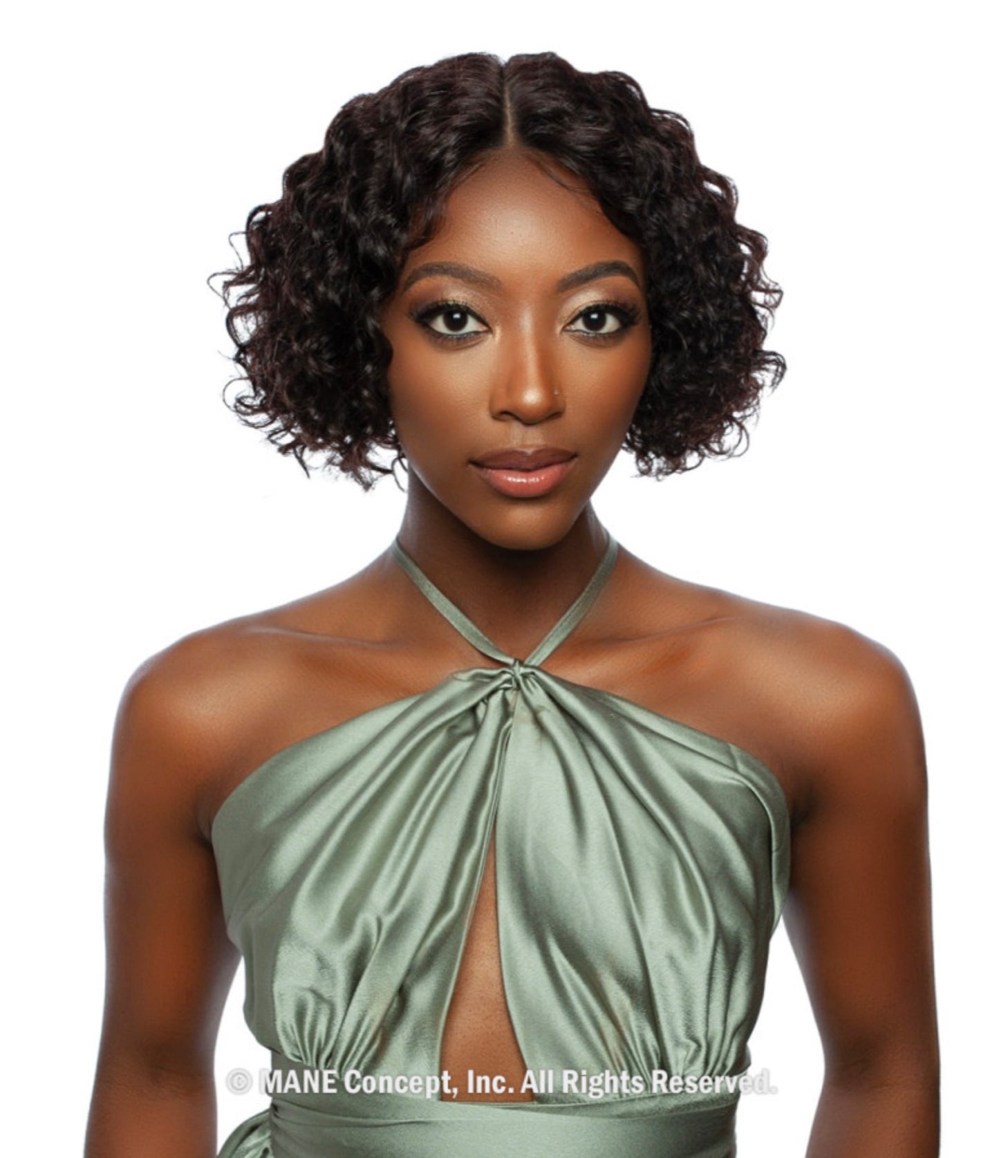 A woman wears a Trill Lace Front Wig: short, dark, 10-inch water curls with a center part.