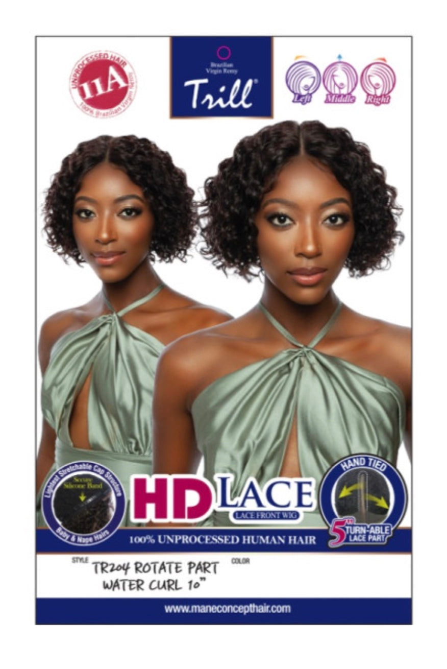 Trill Lace Front Wig TR204 packaging shows a woman modeling a 10-inch dark water curl wig with a middle part.