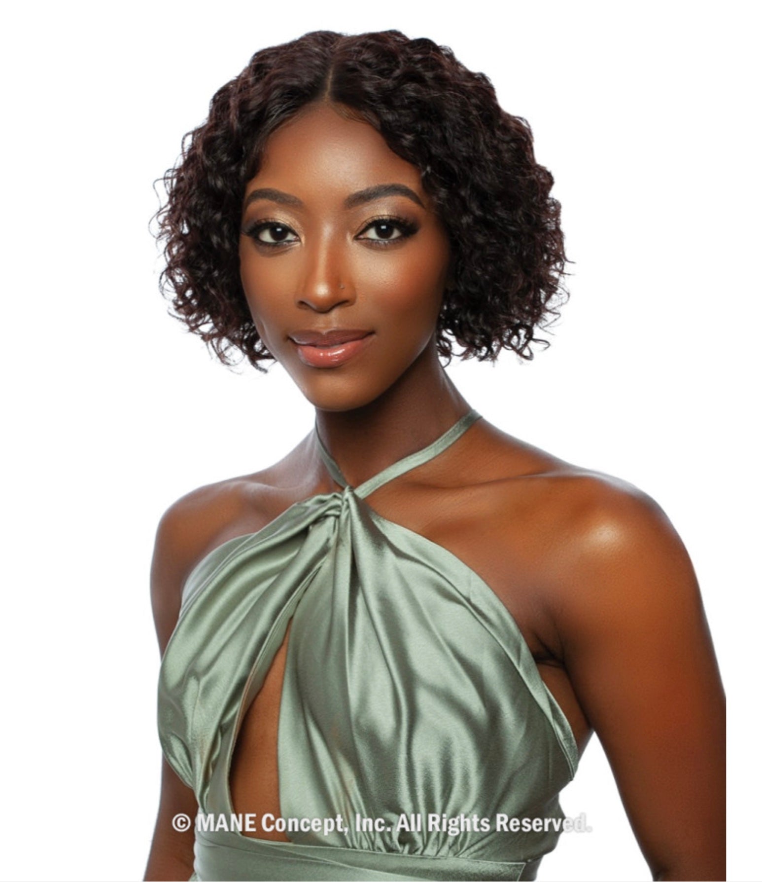 A woman models Trill Lace Front Wig TR204, featuring a short, dark brown water curl bob with a center part.