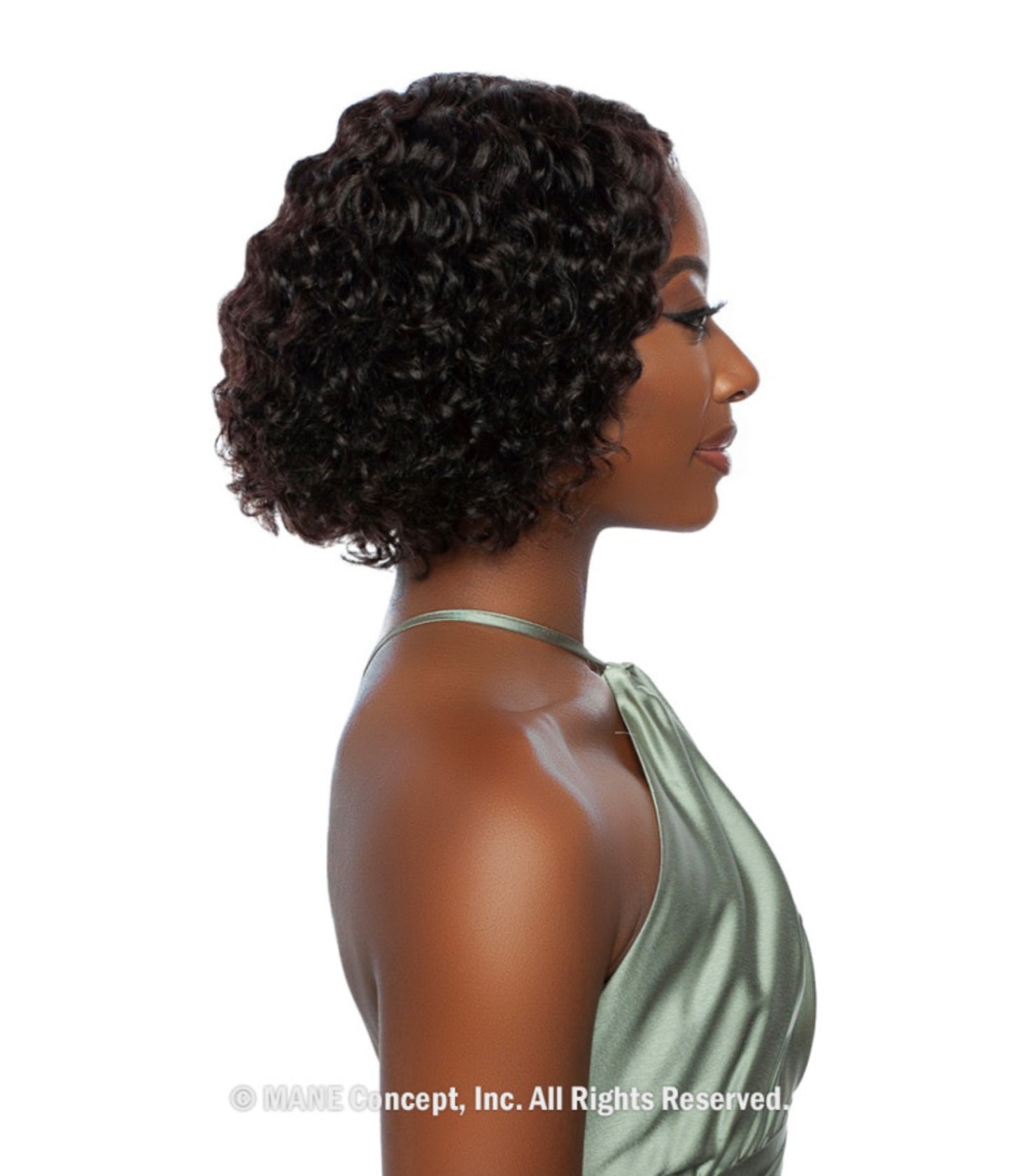 Profile of a woman modeling Trill Lace Front Wig, featuring a short, dark water curl bob hairstyle.