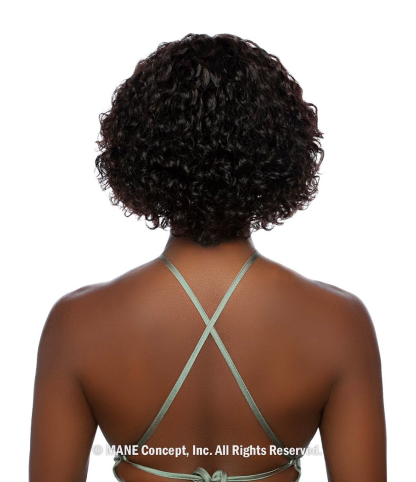 Back view of a person wearing the Trill Lace Front Wig with short, dark, voluminous water curls. 10 inches.