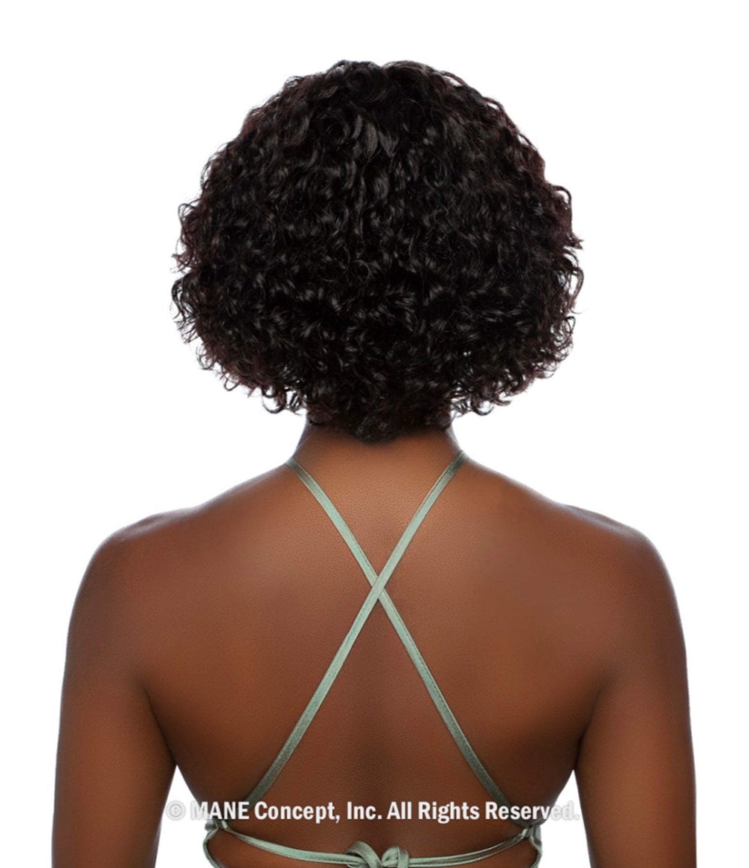 Back view of a person wearing the Trill Lace Front Wig with short, dark, voluminous water curls. 10 inches.
