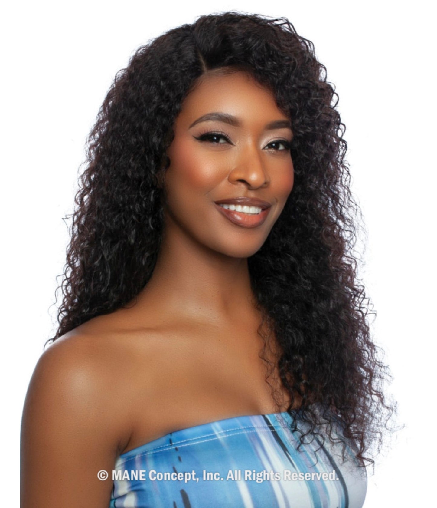 Smiling woman wearing Trill Lace Front Wig with long, dark, wet & wavy jerry curls and a side part.