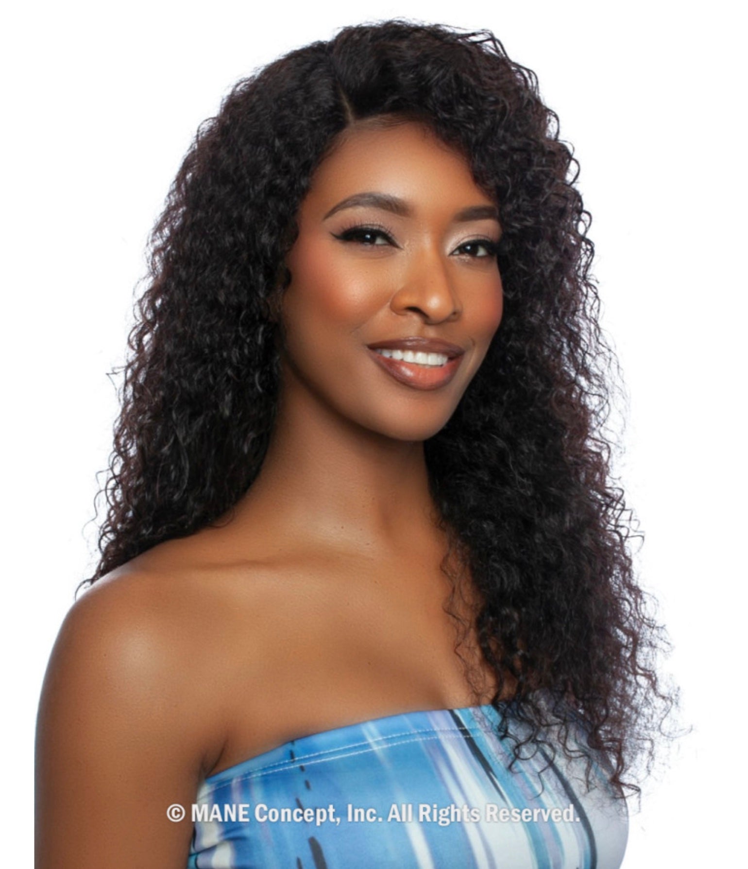 Smiling woman wearing Trill Lace Front Wig with long, dark, wet & wavy jerry curls and a side part.