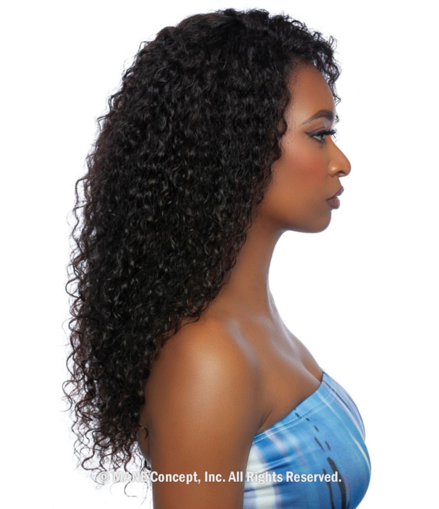 Woman wears Trill Lace Front Wig 24" with dark, full wet & wavy Jerry curls flowing past her shoulders.