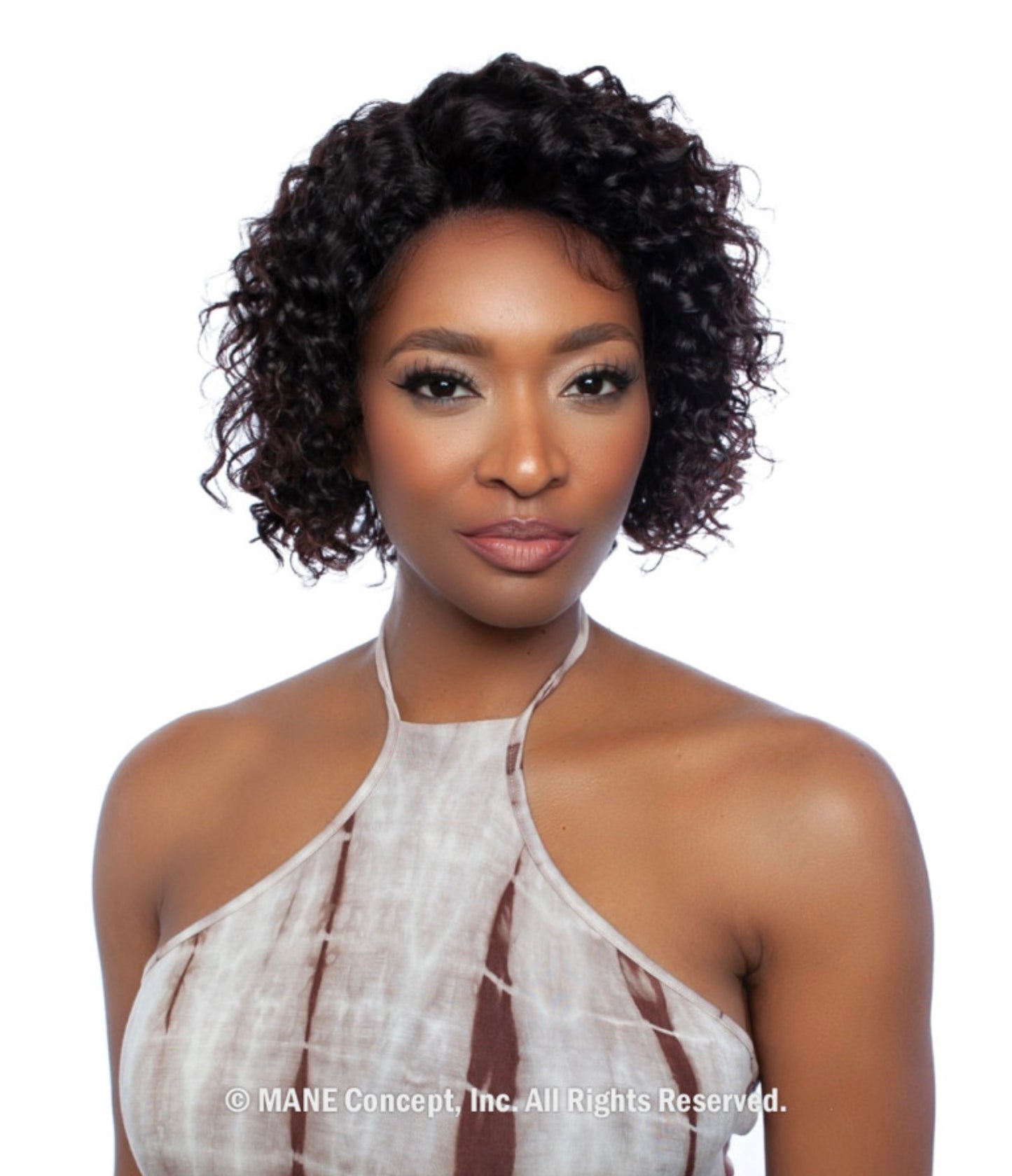 A woman models the 10-inch Trill Lace Front Wig with short, dark water wave curls.