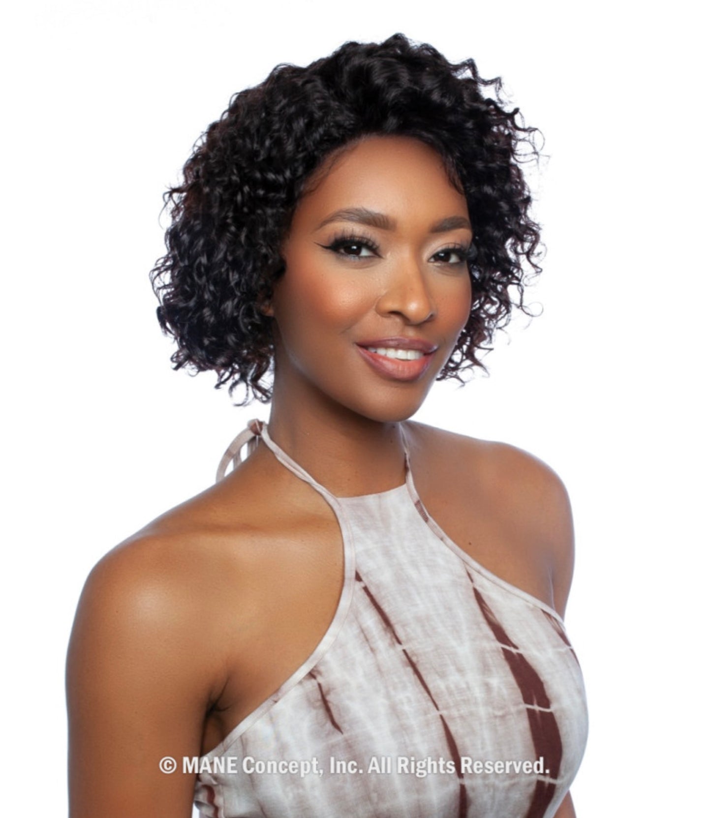 Smiling woman models Trill Lace Front Water Wave 10" wig, featuring short, dark, voluminous curls.