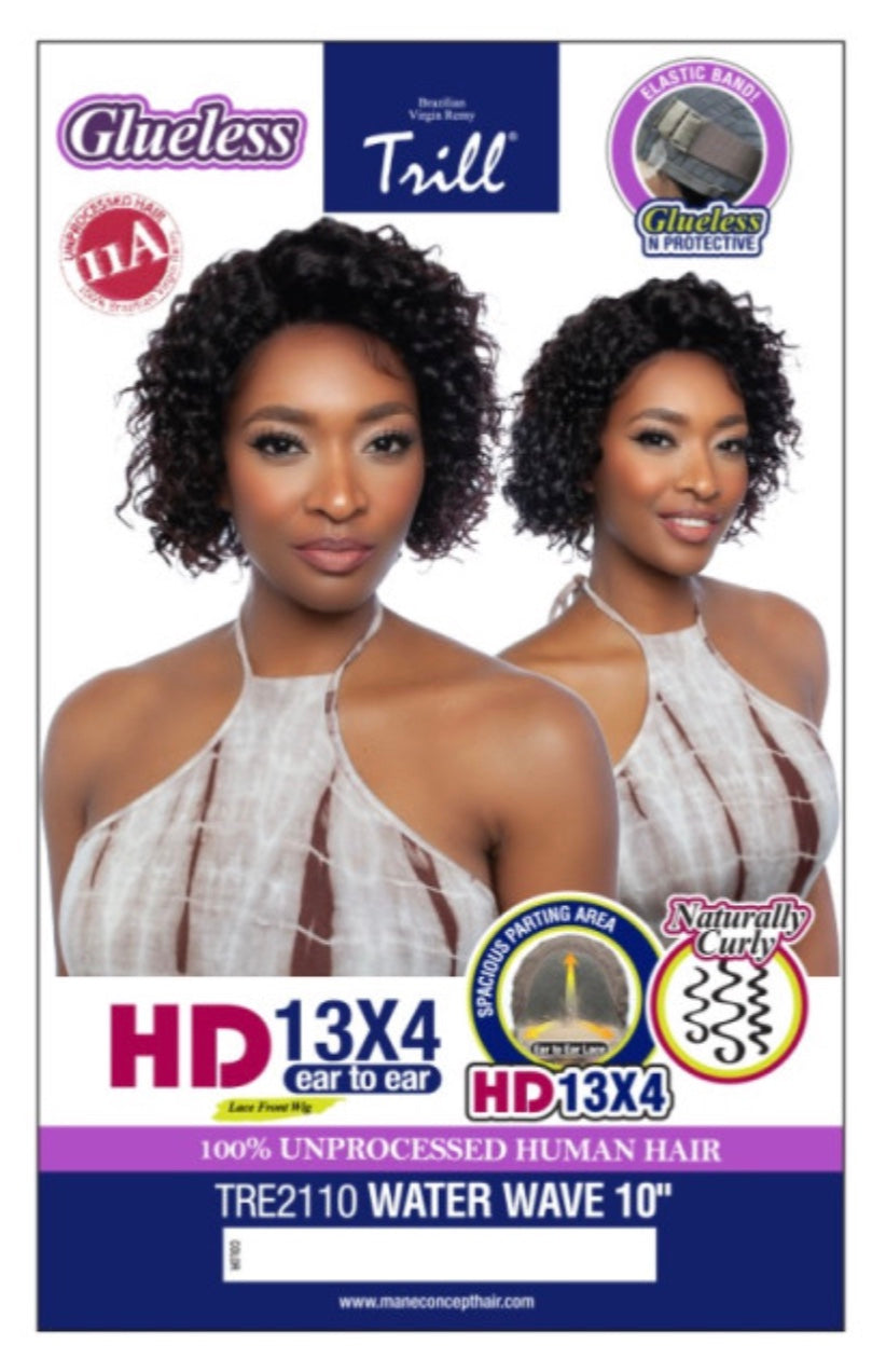 Trill Lace Front Wig packaging. A woman models the 10" dark water wave wig with short, voluminous curls.