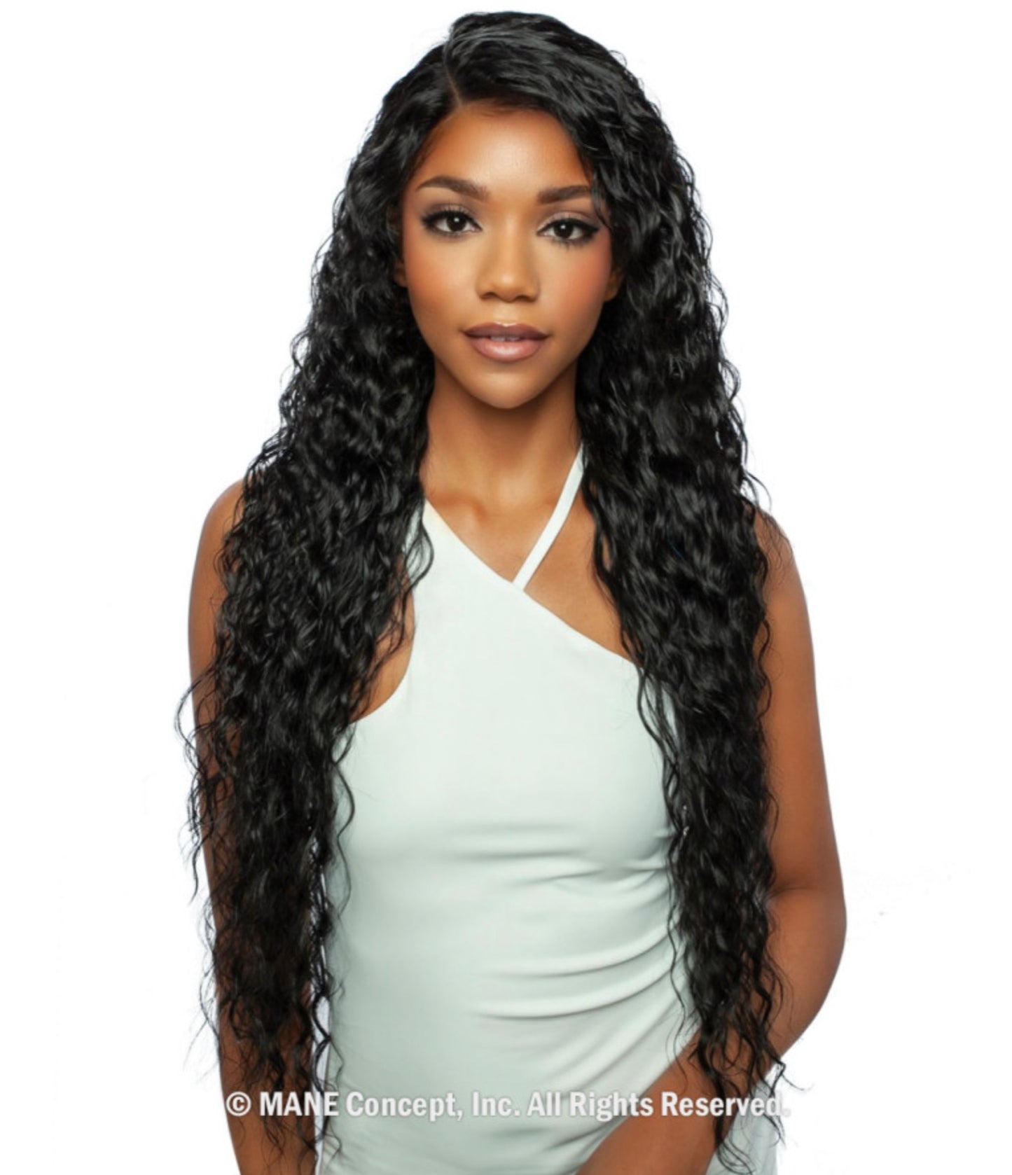 Woman models Trill Lace Front Wig: long, black, wet & wavy deep wave hair, side-parted, flowing past waist.