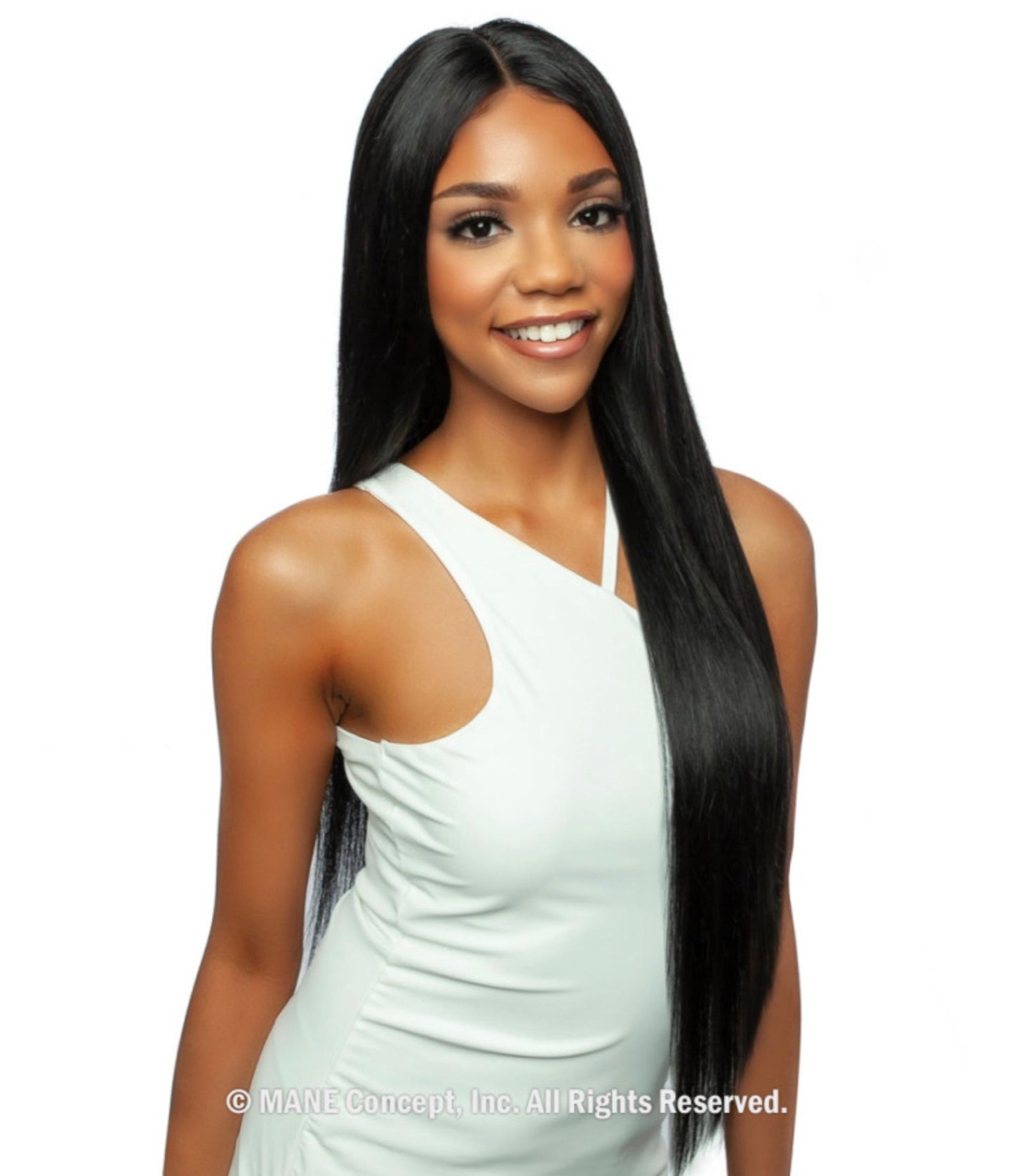 Smiling woman wearing a Trill Lace Front Wig with long, straight, black hair parted down the middle.