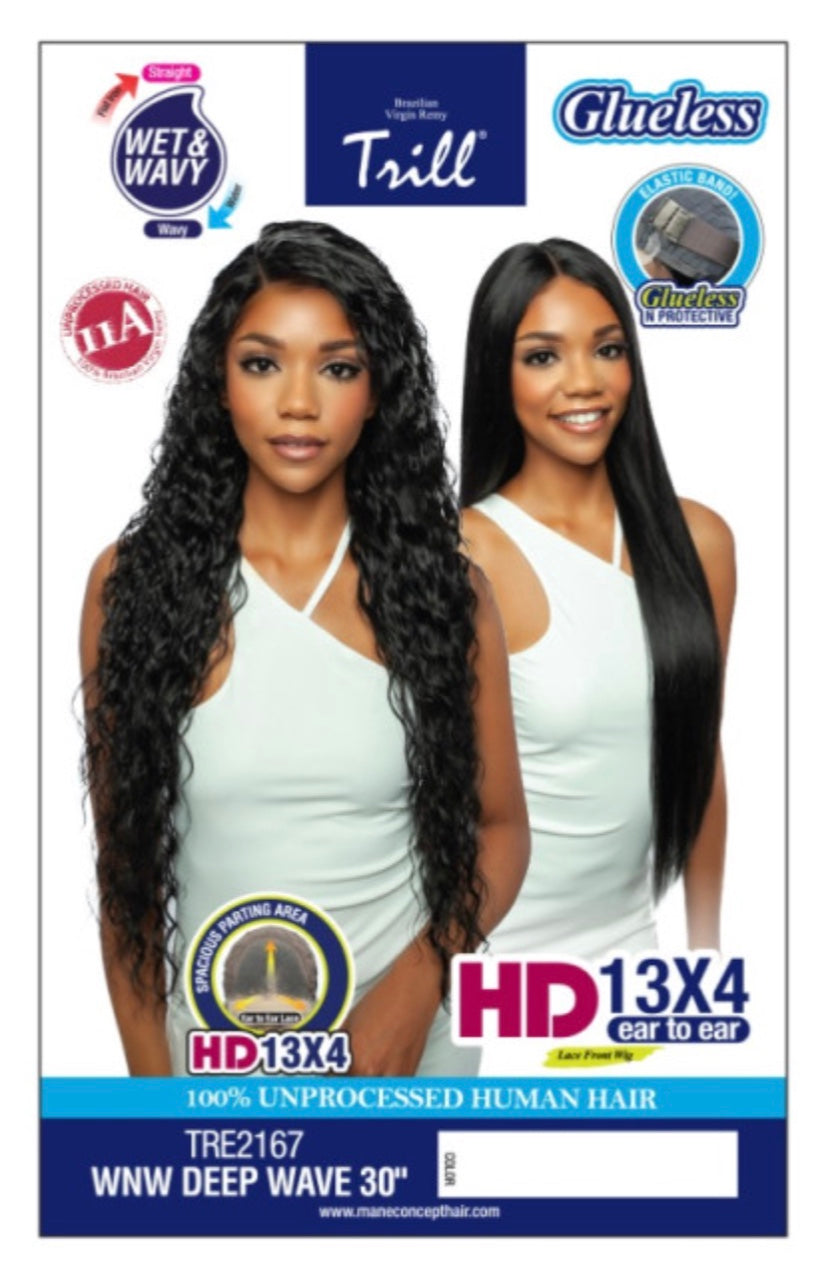 Trill Lace Front Wig WET & WAVY DEEP WAVE 30" packaging shows two models. One has long, dark deep wavy hair, the other str...